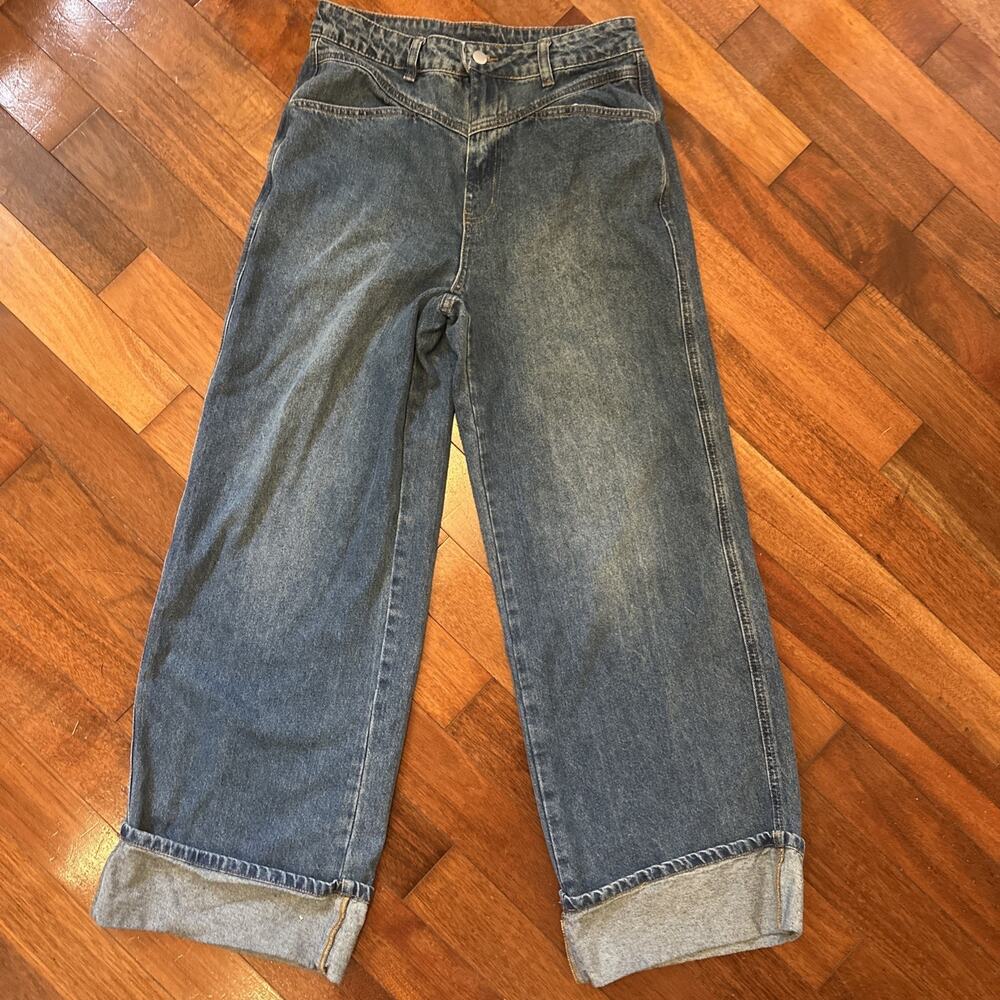 Cider Jeans Women M 30 Blue Denim High Rise Cuffed Wide Leg Baggy Y2K Bohemian